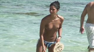 Sexy Nudist Babe Topless showing tits on nude beach 1049